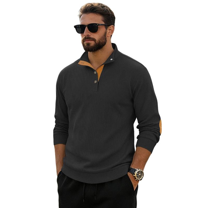 Spring and Autumn Solid Color Sports Long-sleeved Corduroy Tops for Men, Fashionable and Casual Stand-up Collar Outdoor Men's Pullover