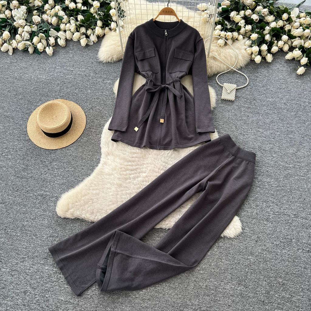 2026 Fall/Winter Lace-Up Casual Stand Collar Knitted Cardigan and High-Waisted Wide-Leg Pants Knitted Two-Piece Set for Women Tracksuit Women