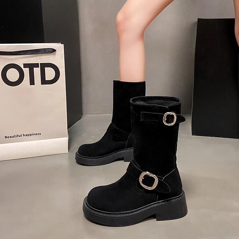 Fashion 2024 High Quality Ladies Shoes Slip-on Women's Boots Fashion Belt Buckle Modern Boots Women Winter Round Toe Mid-Calf Boots