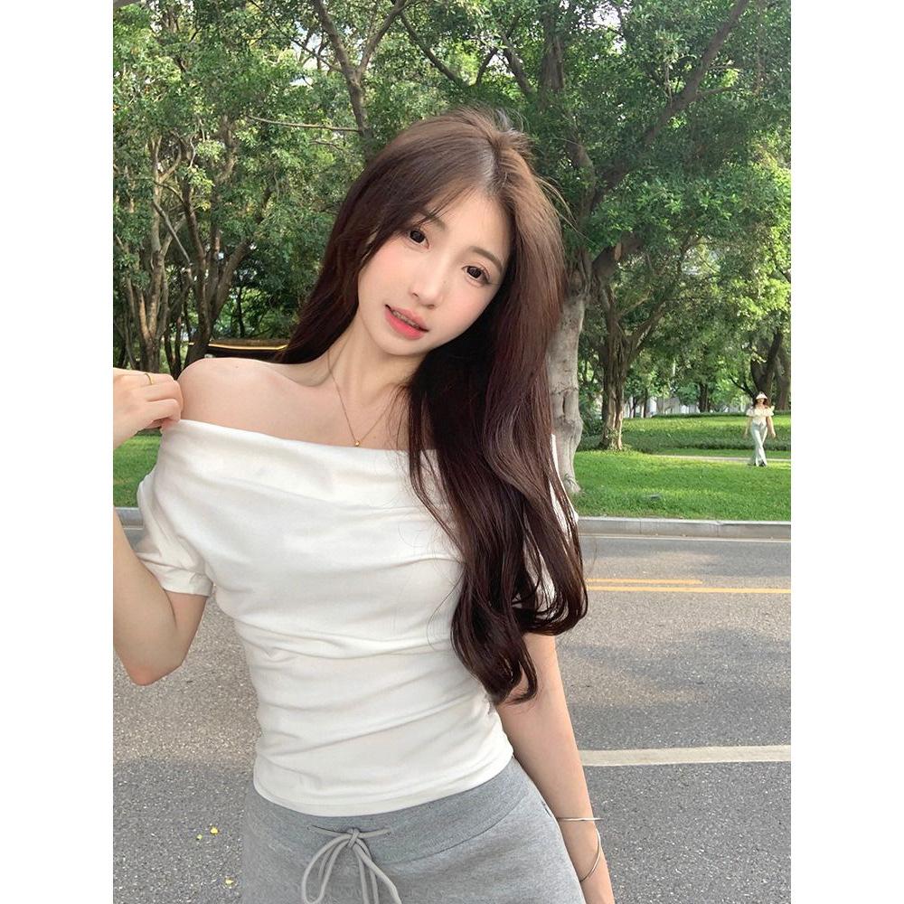 

Grey design swinging collar short-sleeved T-shirt for women, summer new waist pinched shoulder top S