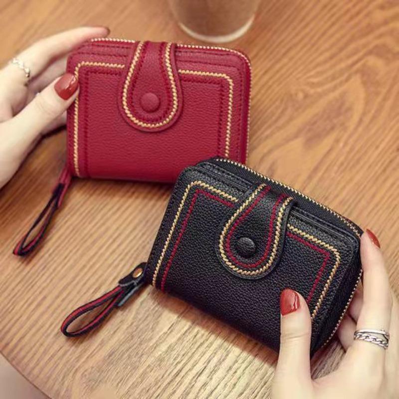 Women's Wallet PU Leather Short Zipper Credit Bank Business Card Holder Buckle Sanded Portable Anti-theft Brush Mini Coin Purse