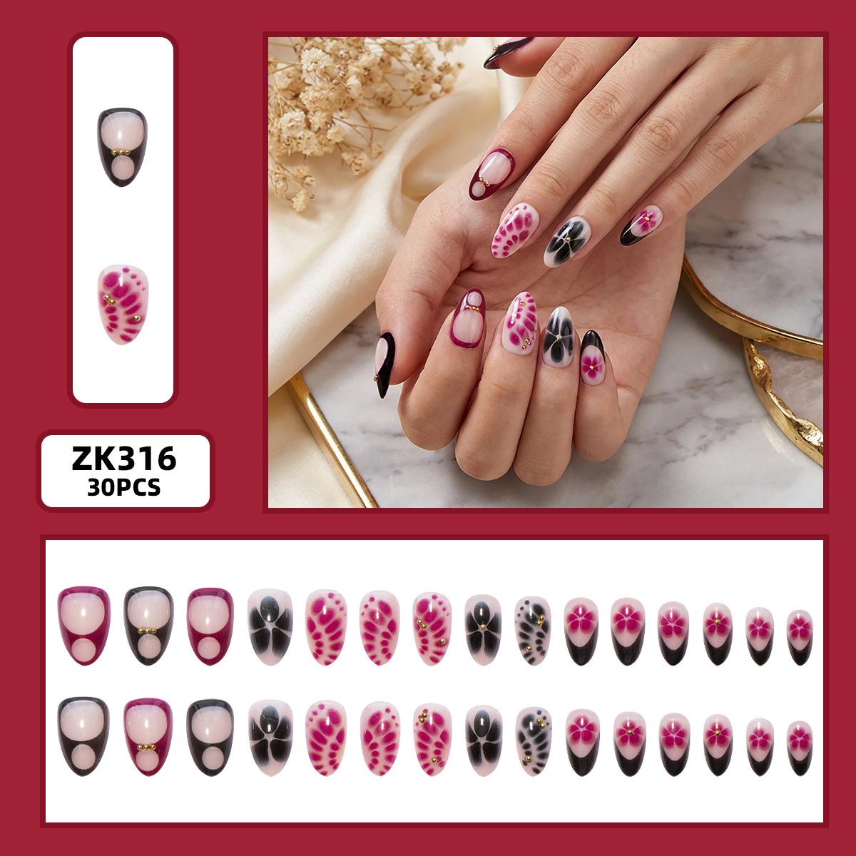 30-Piece Set of Hot Pink & Black Floral Almond-Shaped Rhinestone Detachable False Nails