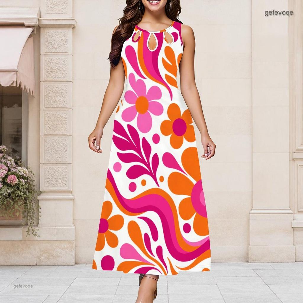 Women Plus Size Round Neck Triple Keyhole Cutout Sleeveless Floral Printed Long Dress
