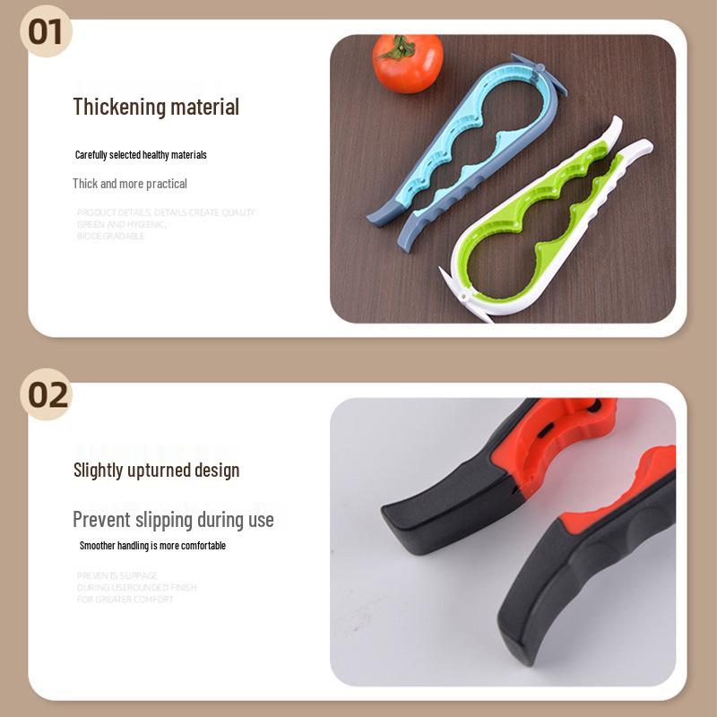 Four-in-One Multi-Functional Opener: Bottle, Can, Lid, and Cap Opener with Non-Slip Grip.