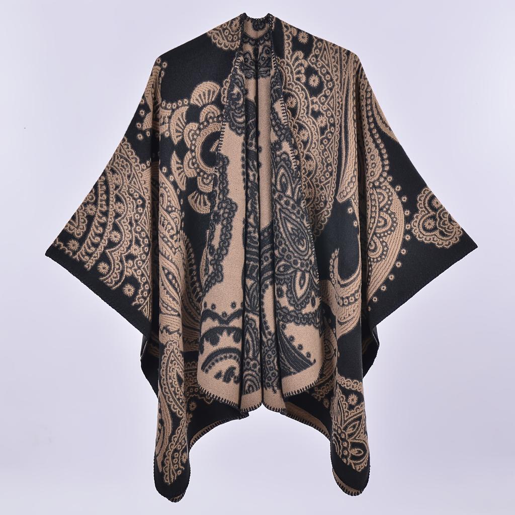 Foreign Trade Fashion Slit Imitation Cashmere Scarf Shawl European American Retro Cashew Flower Fork Warm Cloak Jacket