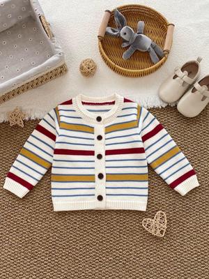 Korean Style Boys' 100% Cotton Knit Cardigan - Unisex Striped Sweater for Spring & Autumn