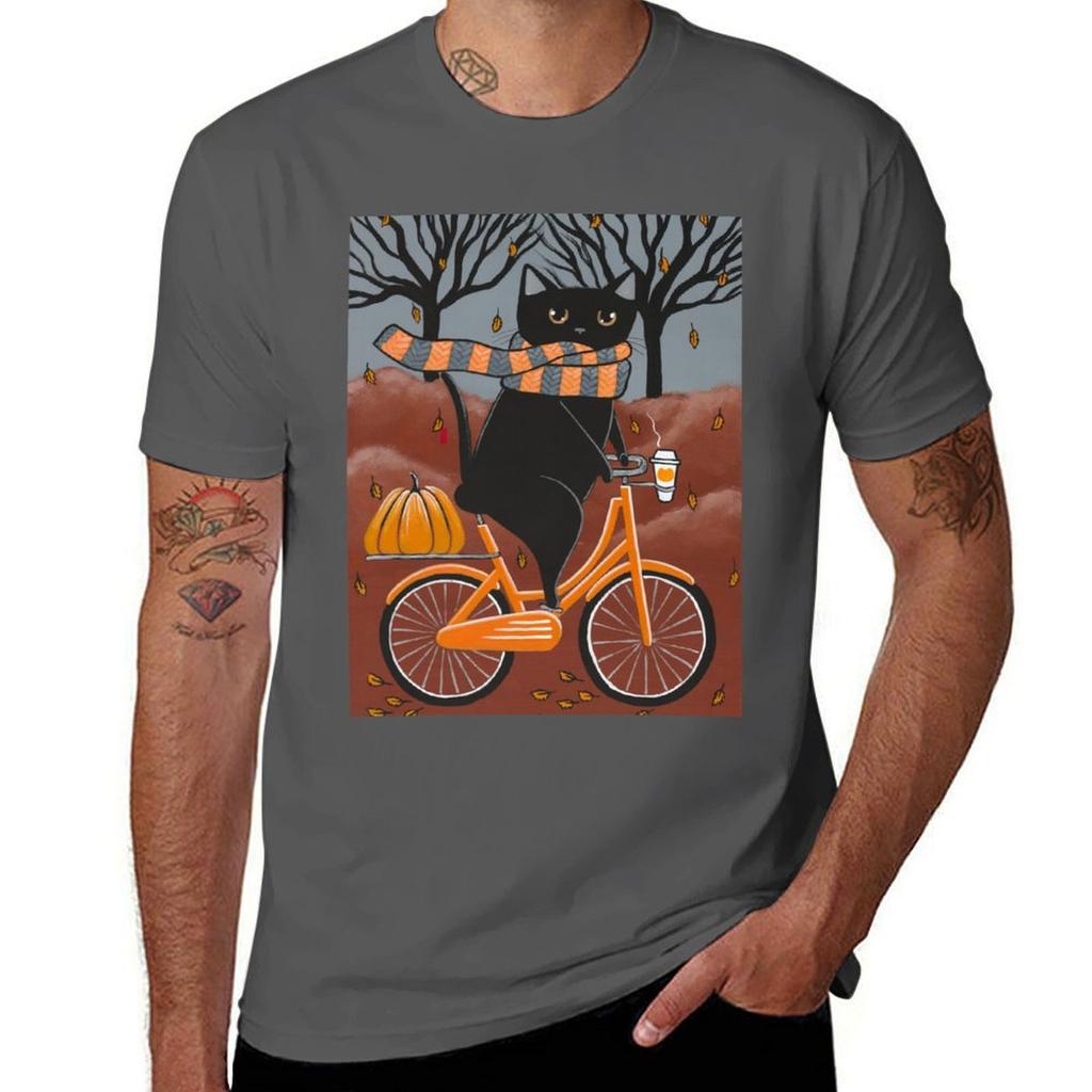 Black Cat Autumn Bicycle Ride Tshirt Unisex T Shirt Cotton High Quality Tshirt
