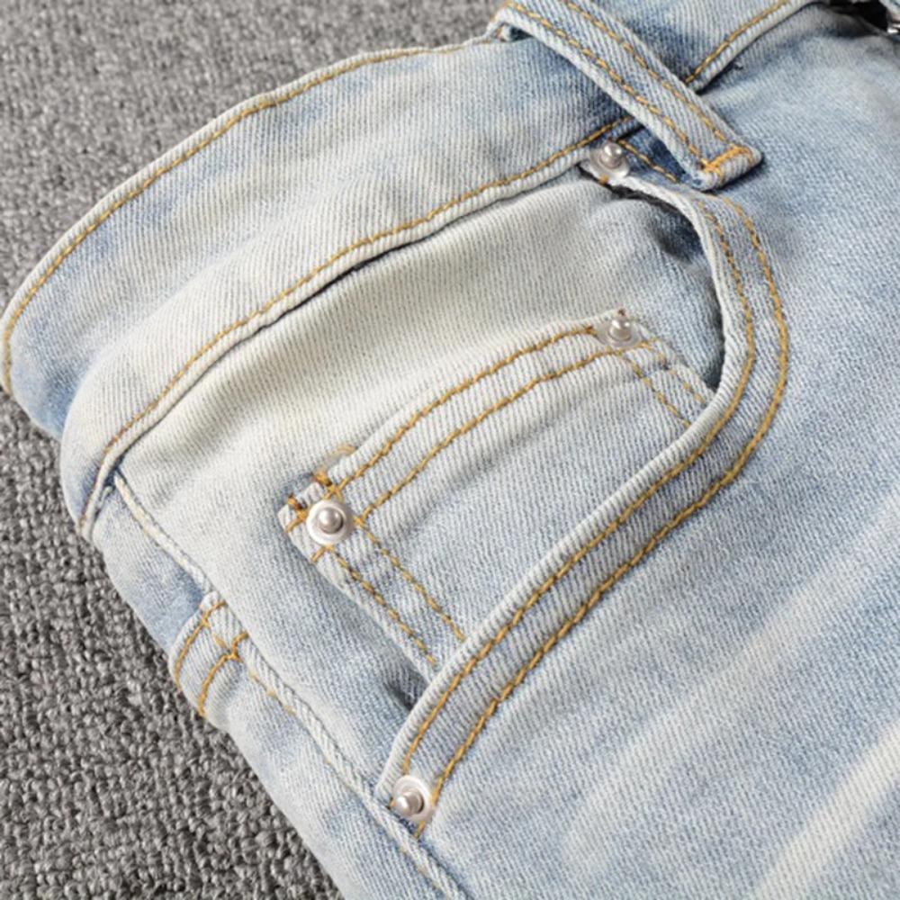 ZYLLO Pánské křišťálové dírkované roztrhané patchworkové džíny Streetwear Světle modrá džínovina Úzké slim džíny tužkového střihu Kalhoty