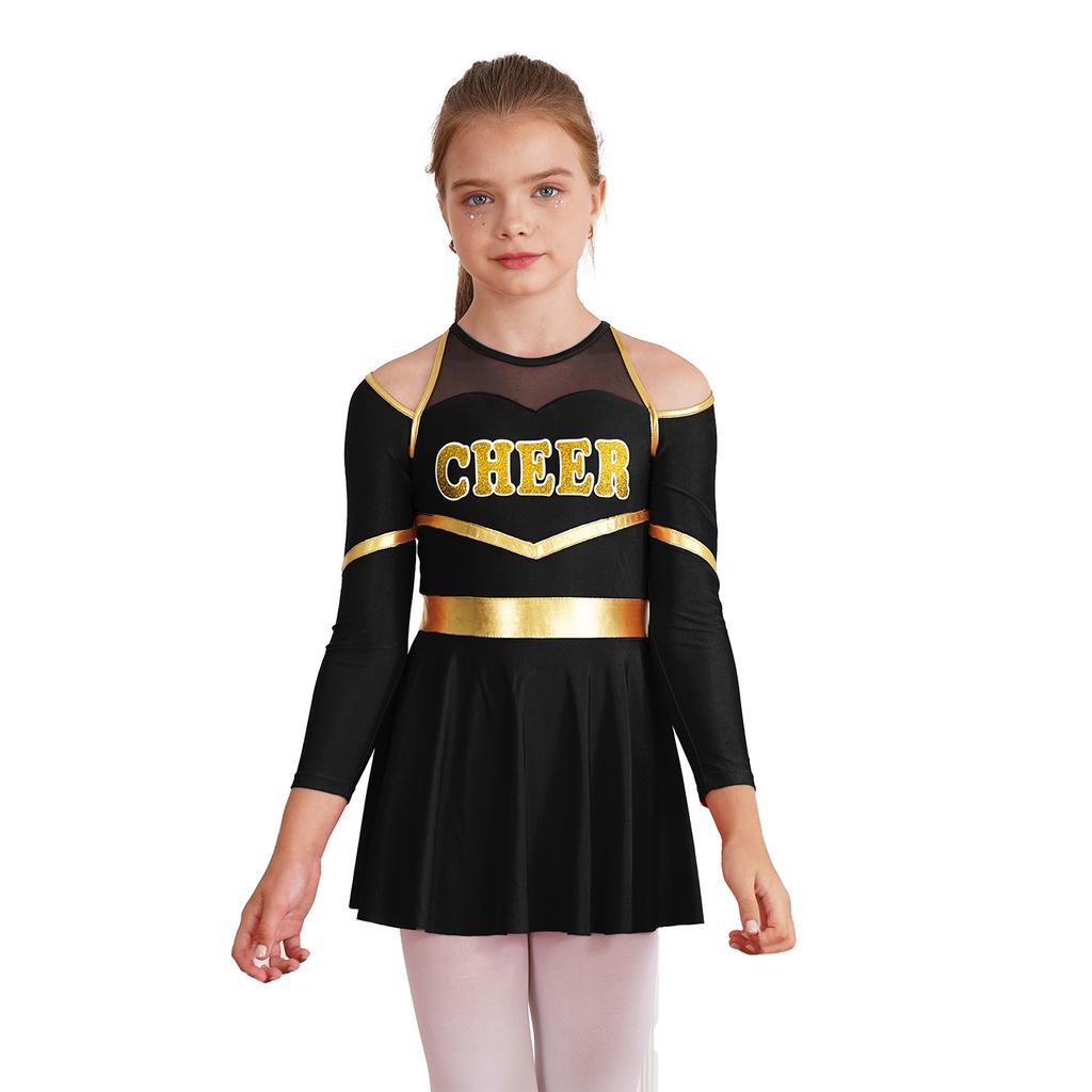 Complete Cheerleading Outfit for Girls: Contrast Color Long Sleeve Leotard Dress Featuring Cold Shoulder & Keyhole Back Detail
