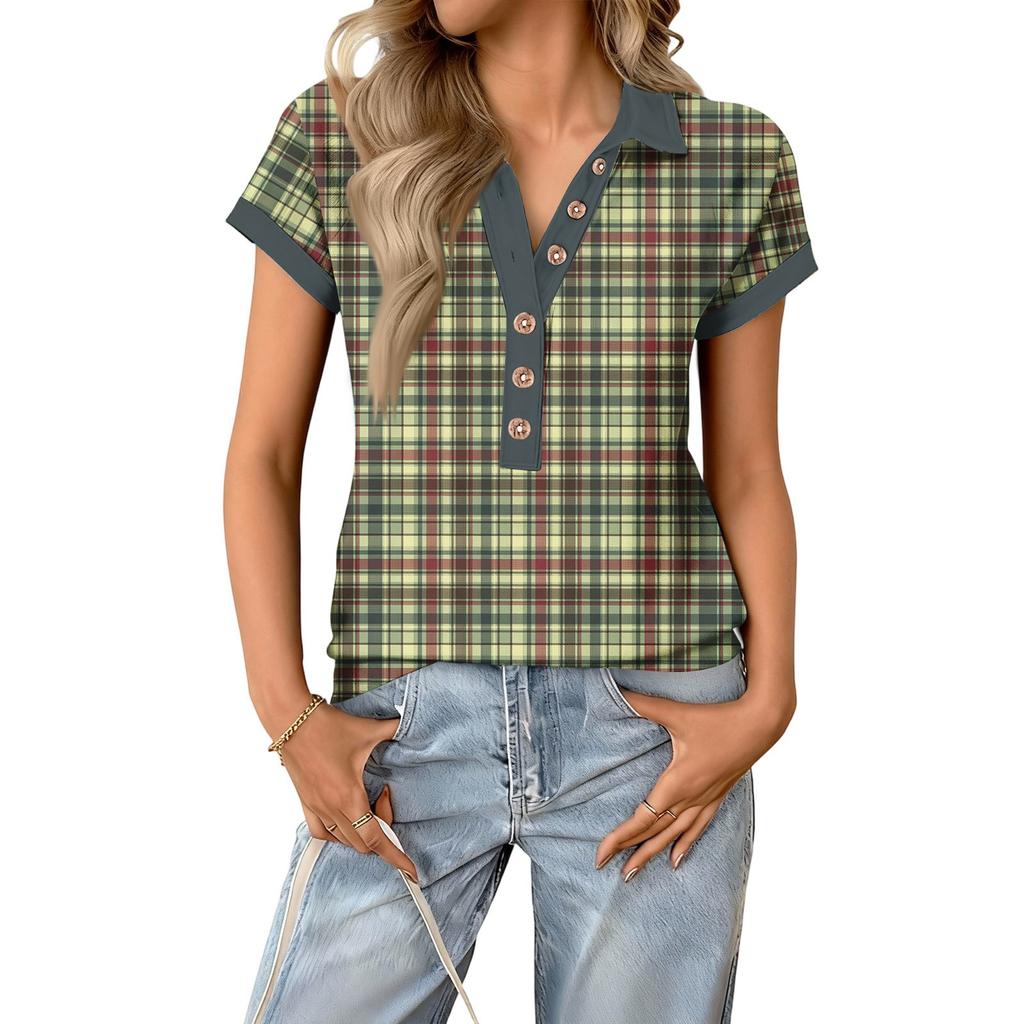 Damen modisches und lässiges Sommer V-Ausschnitt Patchwork Kurzarm Karoprint Top