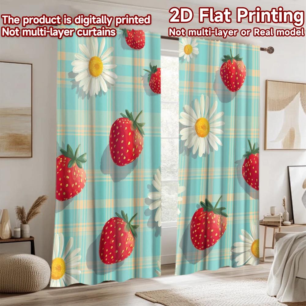 2D Flat Printing 2pcs Drapes Cute Strawberry Daisy Gingham Digital Printed Polyester Drapes Festive Curtains Use for Festive and