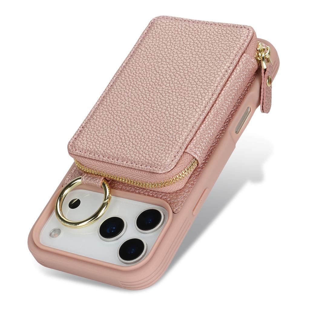 Custodia per Telefono in Pelle con Cerniera e Anello Antiscivolo con Motivo Litchi per iPhone 17 Pro Max 16 Plus 15 14 13 12 Cover a Borsa Antiurto