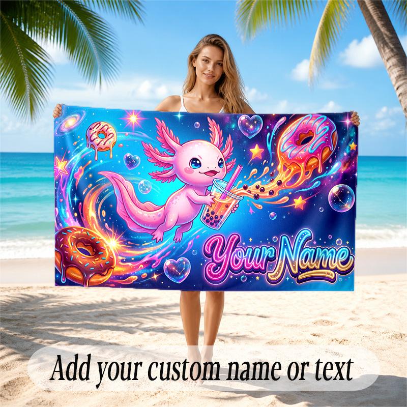 Axolotl Theme Quick Dry Beach Towel Custom Name Text Print Large Sand Resistant Towel Beach Vacation
