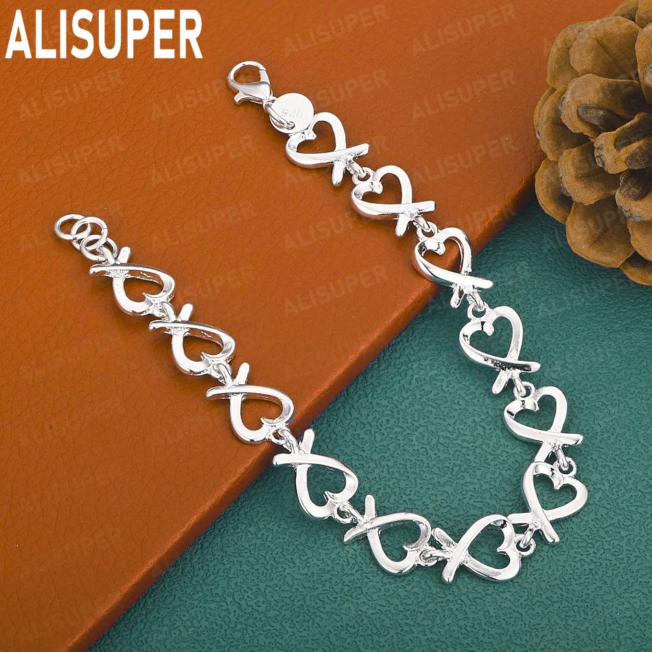 925 Sterling Silver Antique Heart-Shaped Side Chain Romantic Bracelet Gift Jewelry 20CM