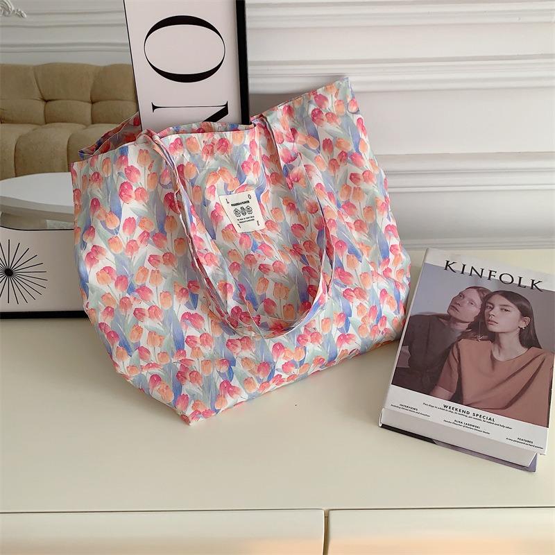 1 New Tote Bag Large Capacity Floral Canvas Shoulder Bag Portable Girl Student Shopping Bag