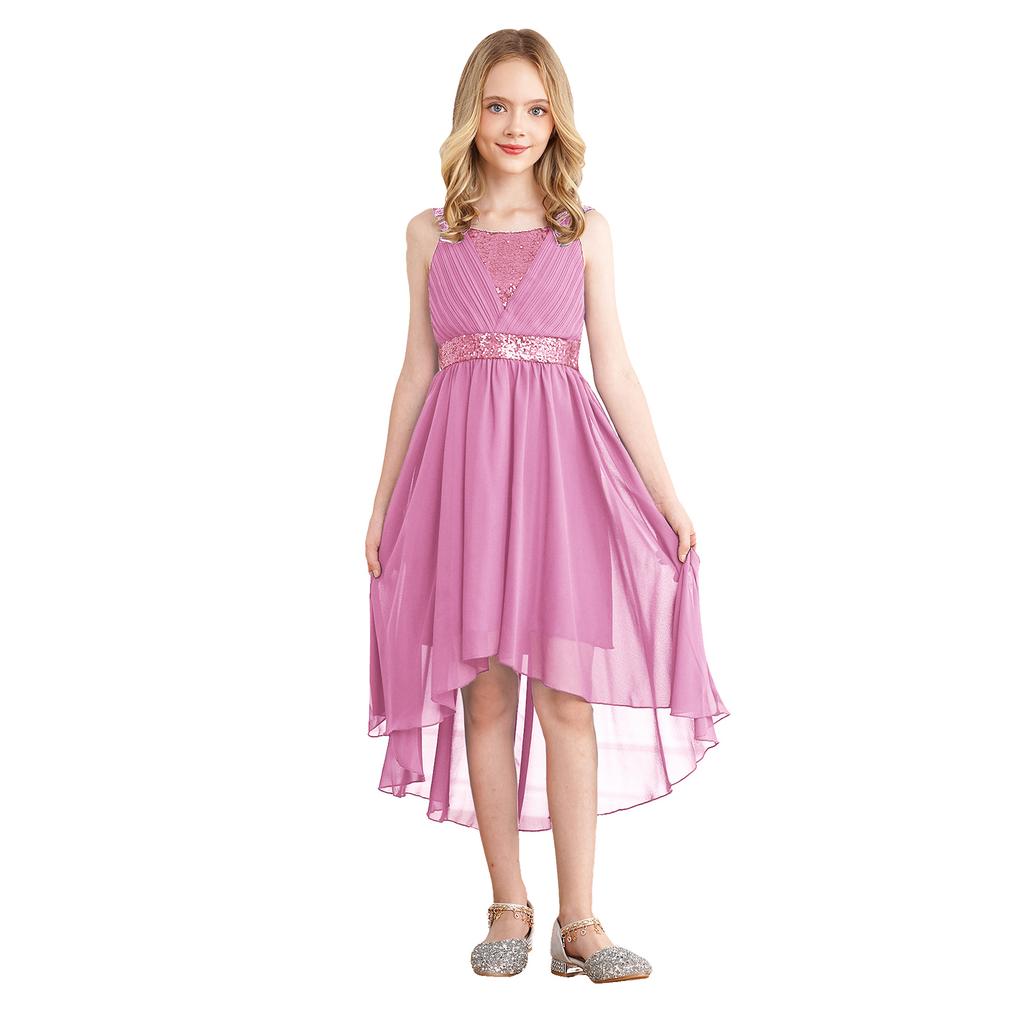 Girls Elegant Sequin Party Dress Ruched Design Sleeveless High Low Hem Chiffon Material Birthday Dress
