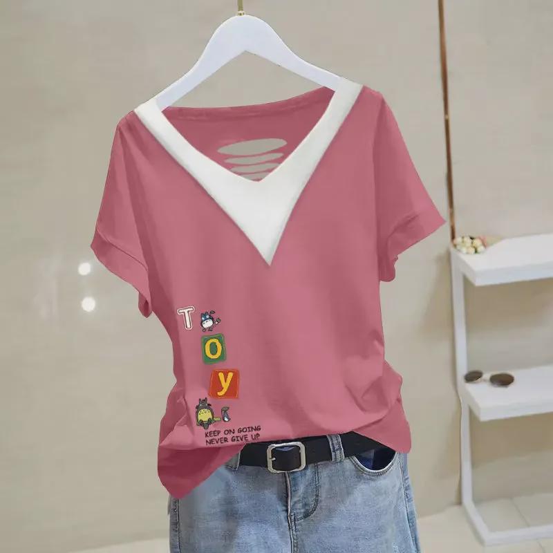 Women's 2024 Summer Cotton V-neck Short-Sleeve Top - Versatile, Loose, Slimming, Plus Size, Chic Korean Style T-shirt