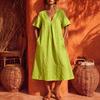 Women's Casual V Neck Midi Dress Short Sleeve Loose Fit Minimalist Mid Length Dress with Pockets Lightweight Comfortable Fabric