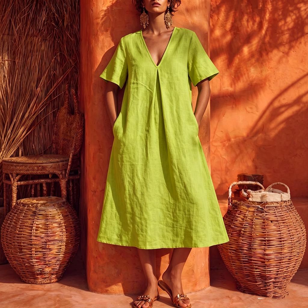 Women's Casual V Neck Midi Dress Short Sleeve Loose Fit Minimalist Mid Length Dress with Pockets Lightweight Comfortable Fabric