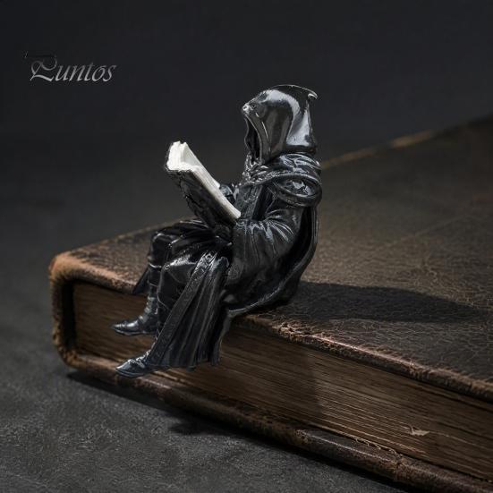 Donker Fantasy Ornament Gotische Schaduwlezer Beeldje, Stijl Mini Tovenaars Figuurtje, Mat Unieke Gamer Cadeau Ideeën Zwarte Hars Beeldhouwwerk voor Huis