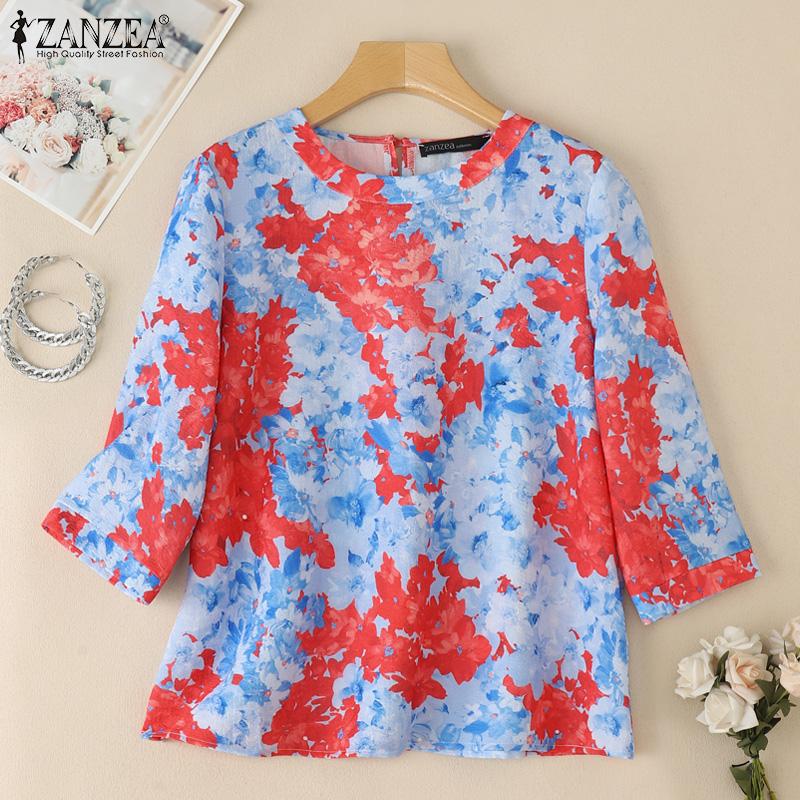 ZANZEA Women Summer Round Neck Casual 3/4 Sleeve Loose Print Blouse