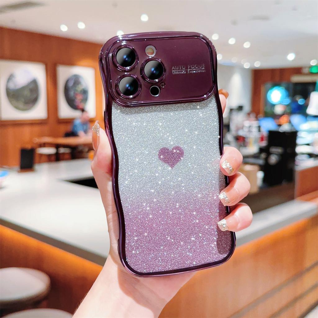 For iPhone 16 Pro Max Case Love Heart Gradient Glitter TPU Phone Cover Electroplating Curly Frame