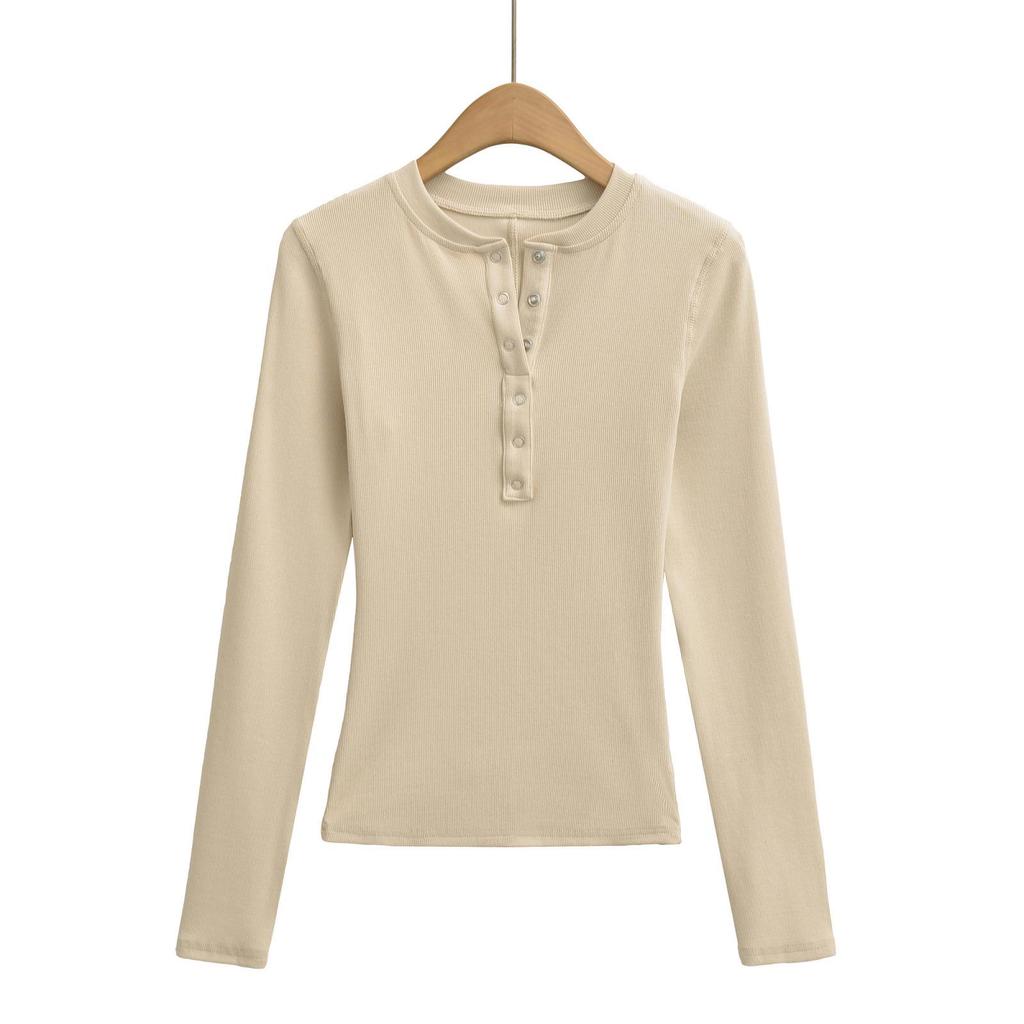 Women's White Slim Fit Henley Collar Long Sleeve T-Shirt – Perfect Waist-Cinching Base Layer for Autumn and Winter.