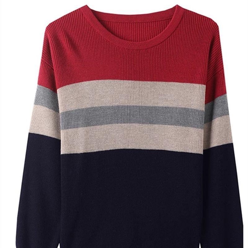 Spring and Autumn Knitted Base Layer Round-neck Color-blocking Striped Long-sleeved Top Loose and Belt-covering Thin Wool Sweater