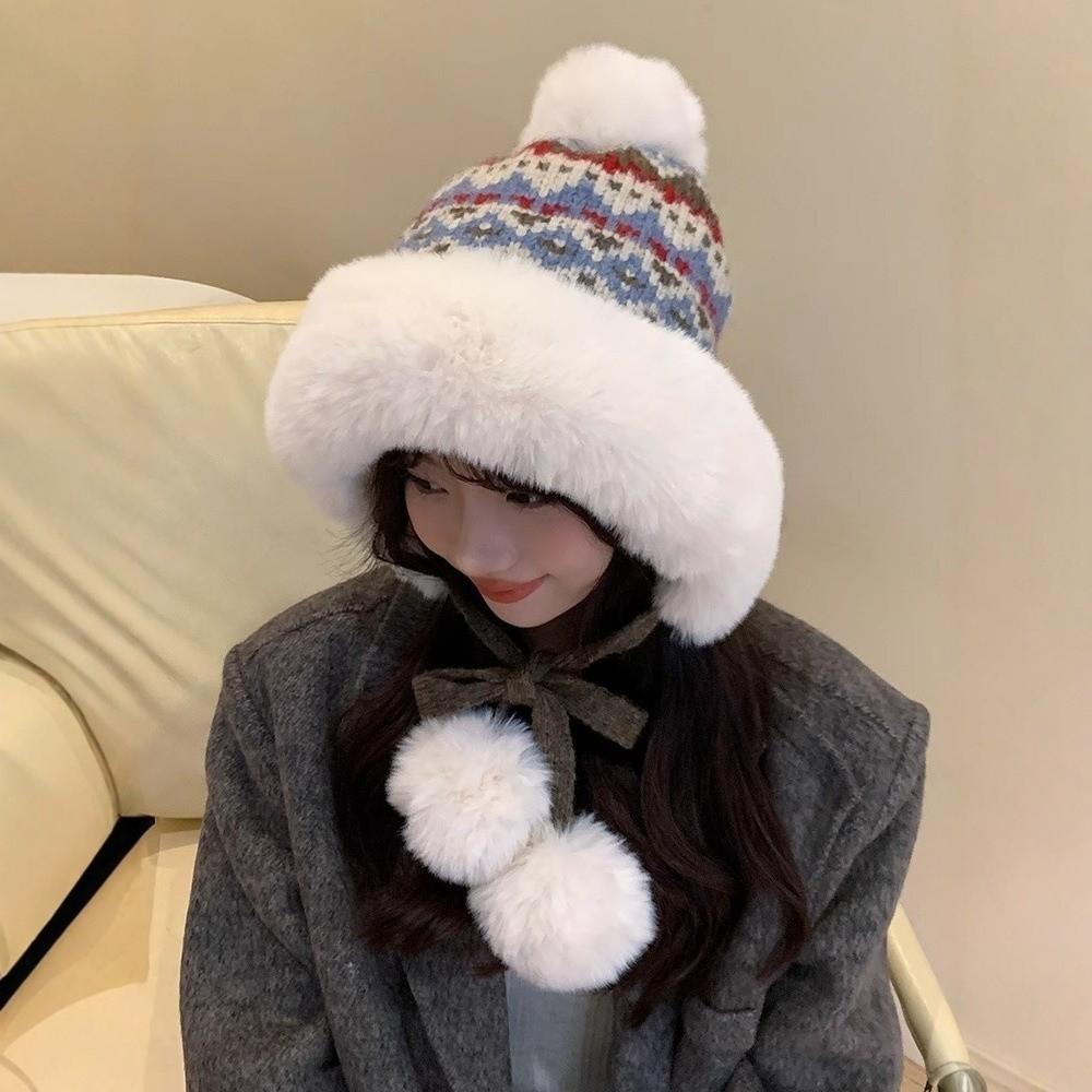Windproof Knitted Plush Hat Thick Pullover Beanie Hat Fashion Ear Protection Hat  Autumn Winter
