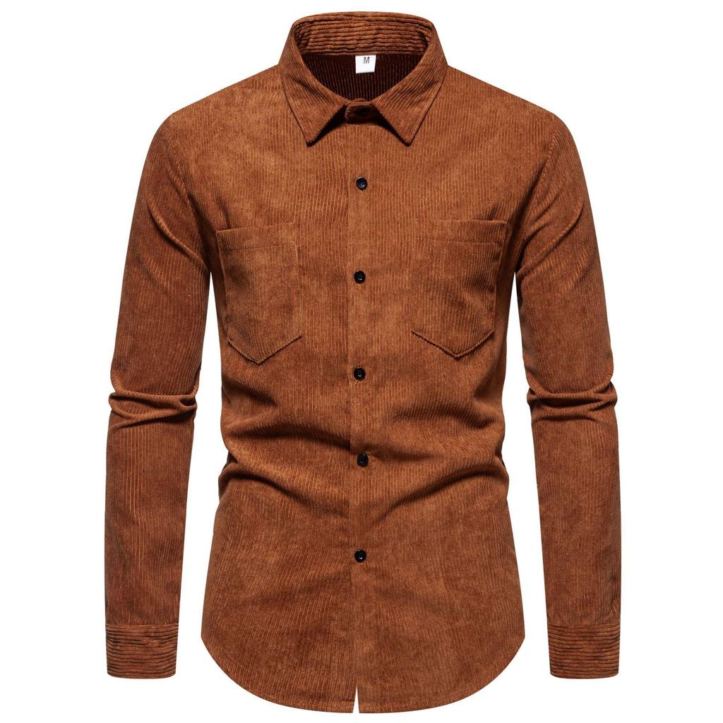 Men's Retro Solid Color Shirts Long Sleeve Shirt Jacket Casual Business Shirt for Men Lightweight Work Corduroy Lapel Shirts