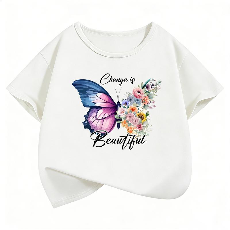 Change Is Beautiful Butterful T-Shirt Fashion T Shirt Girls' Summer Clothes Short Sleeve Tops T-Shirts Cute Kids Clothing