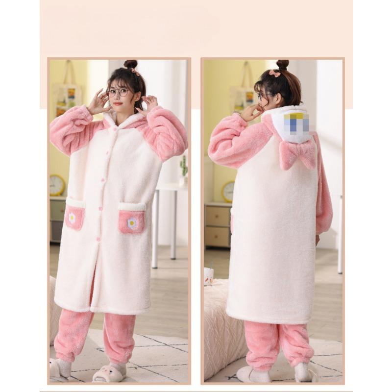 

Зимняя пижама с капюшоном и длинными рукавами, а также штаны. Теплый фланелевый пижамный комплект для женщин. Милый мультяшный кукольный медведь, ролевой халат для игр. L