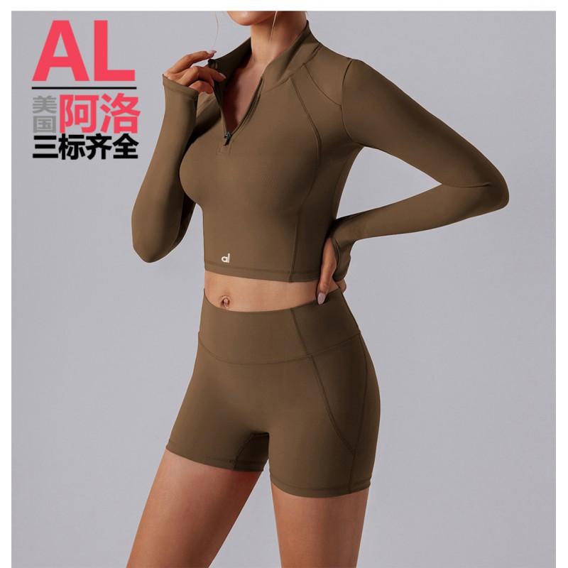 AL Alo Pnalo Yoga Set Womens Half-Zip Long Sleeve Crop Top High Waist Leggings Shorts Gym Workout Fitness Activewear