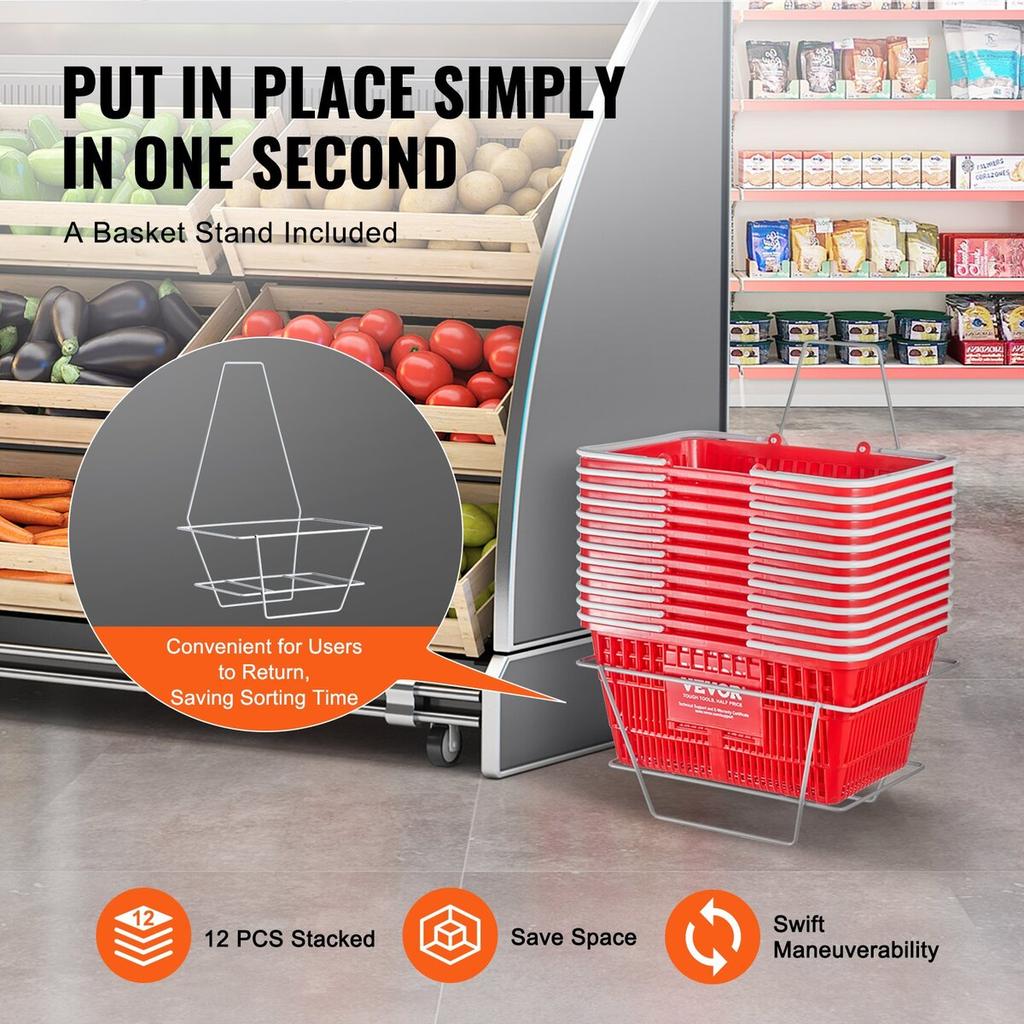 Shopping Basket Portable Grocery Basket 12PCS 21L with Handle & Stand Red