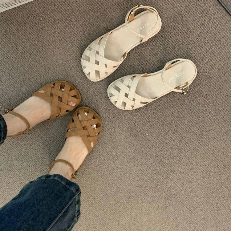 

Гонконгская обувь женская летняя обувь на плоской подошве с одной перемычкой и закрытым носком сандалии женские ретро нишевые плетеные сандалии 40 коричневый