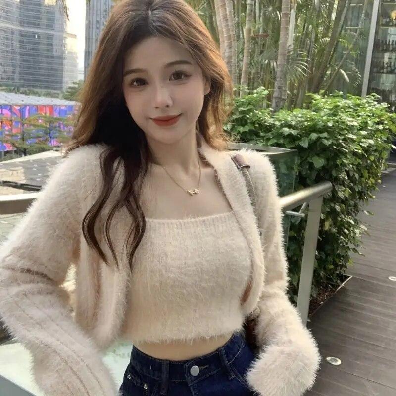 Set Sweater Autumn Versatile Design Knitted Cardigan Women Soft Glutinous Sweet and Spicy Inner Strap Tank Set Sweater Female