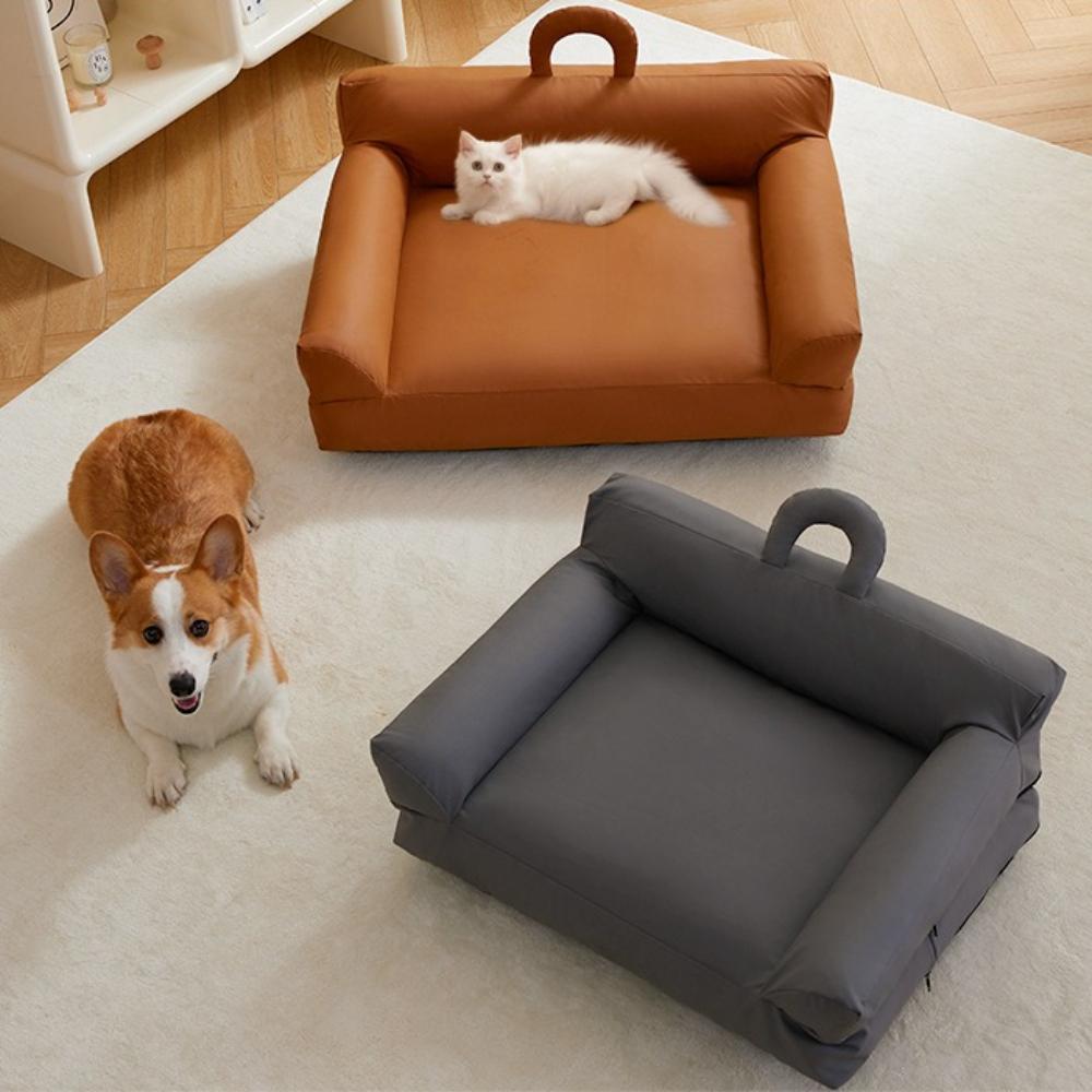 Waterproof Leather Pets Bed with Portable Handle Dogs Sofa Bed for Small/Medium Dogs Washable Pets Couch for Indoor & Travel Use