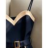 European summer new contrasting color button design elegant temperament backless sleeveless suspender dress