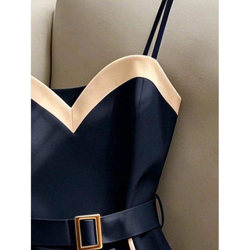 European summer new contrasting color button design elegant temperament backless sleeveless suspender dress