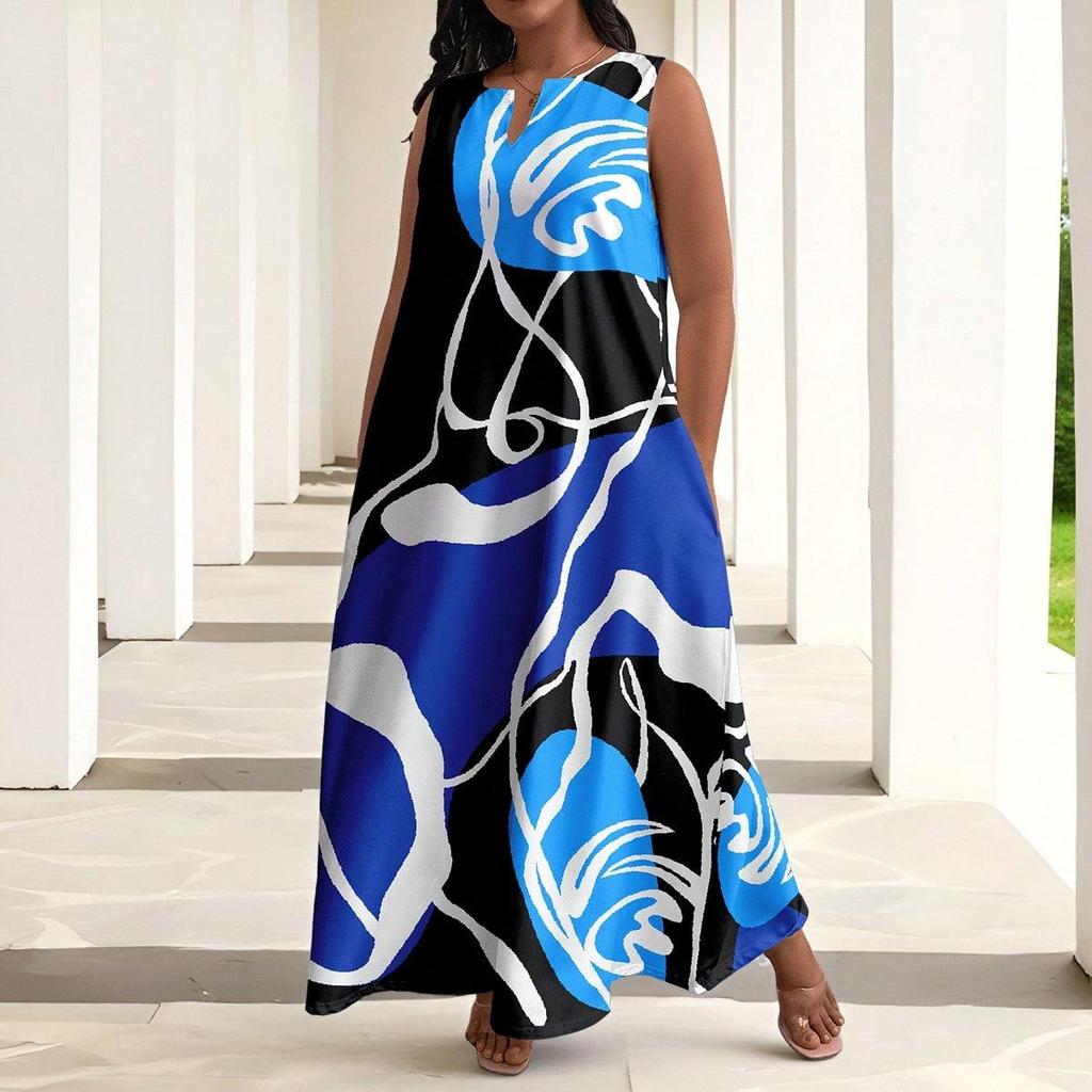 Plus Size African Impressionist Gold Leopard Sleeveless Long Dress