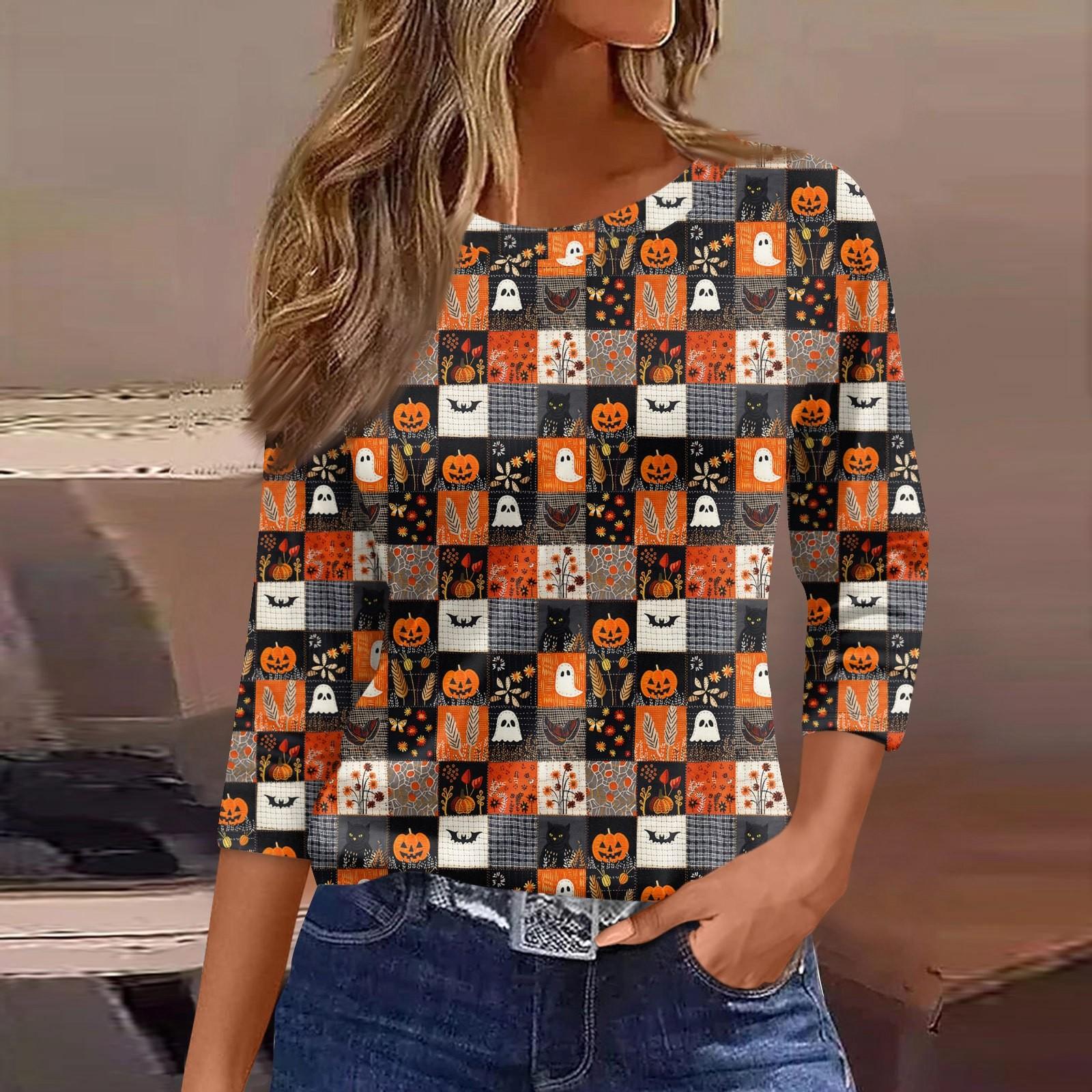 

Women s Fashion Casual Three-quarter Sleeve Halloween Printed Round Neck Top L кавовий