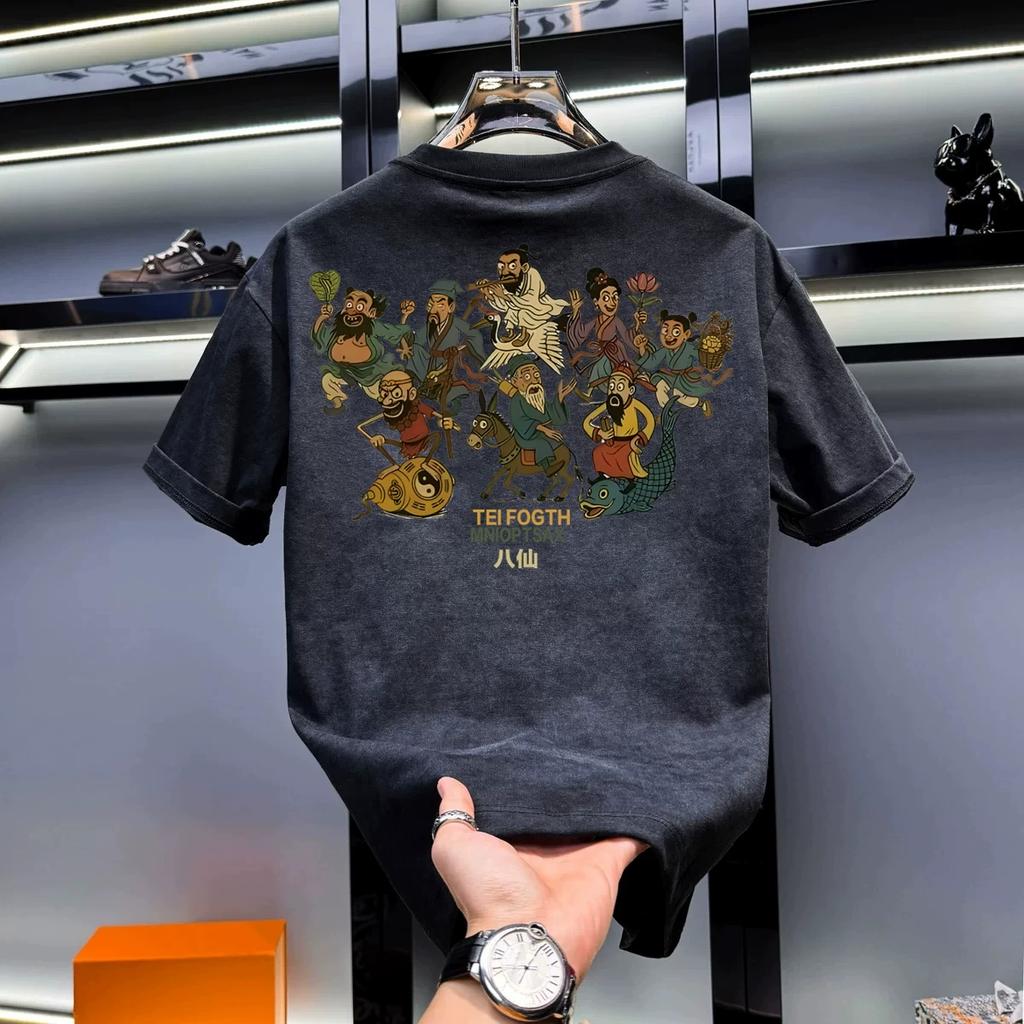 Cotton Round Neck Trendy Tops, Fashionable and Versatile Men's T-shirts, Loose Printed Short Sleeves for Couples