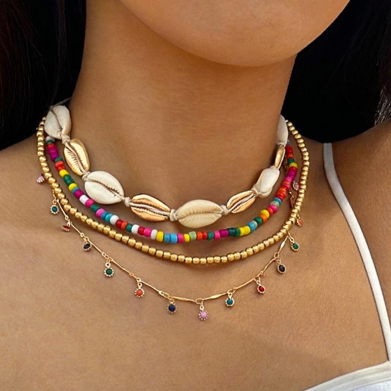 Bohemian Conch Shell Necklace Rice Bead Set, Beach Wind Devil's Eye Necklace Set
