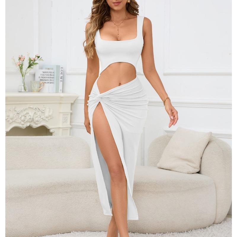 Women's Long Skirt Halter Solid Color Hollow Midriff Sexy Dress