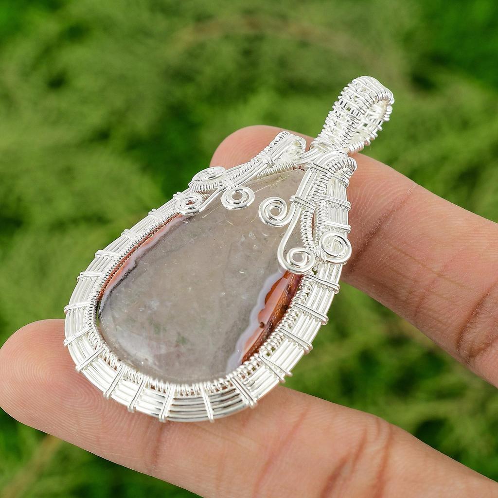 Natural Botswana Agate Wire Wrapping Handcrafted Trendy Pendant Sterling Silver