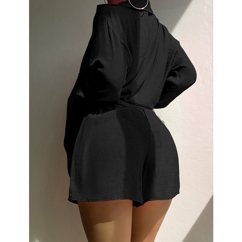 Fashion Beach Plus Size Two Piece Set Women Blouse Summer Beach Holiday Solid 2 Piece Sets Shirt Shorts Set Casual Sexy Loose Sunscreen Clothes 25175