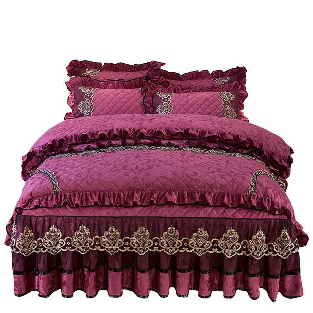 Europe Velvet King Size 4pcs Bedding Set Luxury Comforter Cover Quilted Lace Bedskirt Soft Warm Queen with Two Pillowcases