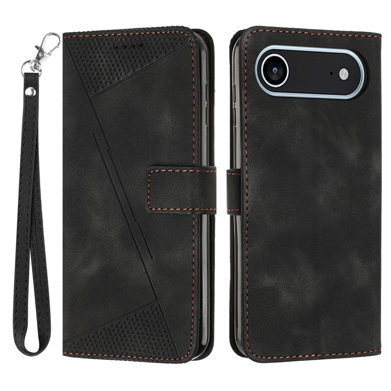 

Для iPhone 17 Чехол из натуральной кожи с тисненым треугольником Чехол для телефона с ремешком на руку Black