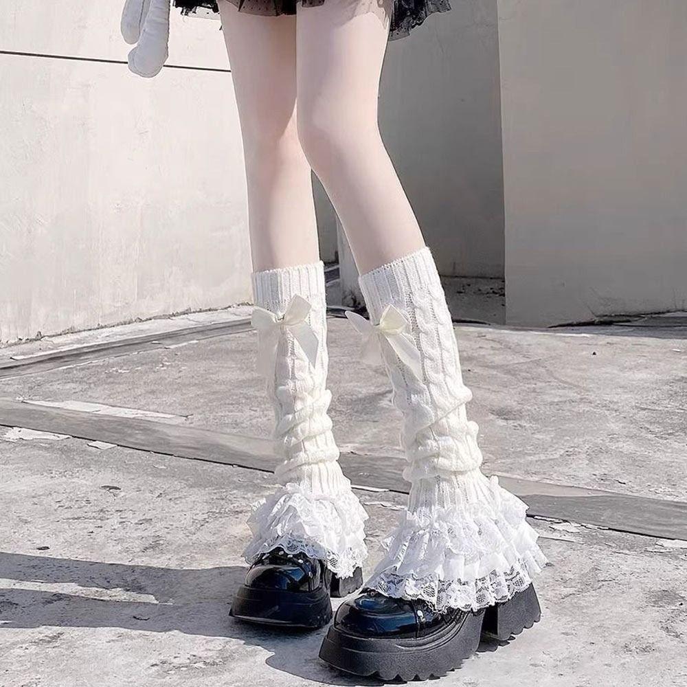 Lace Trim Knitted Leg Warmer Warm Knitted Fabric Bow Tiered Socks Japanese Style