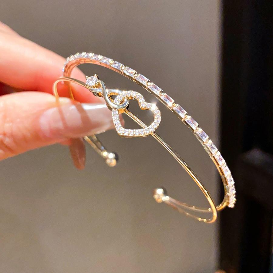 Love Heart Geometric Double Layer Bracelet With Silver Plated Copper For Fashion Women Spring 2026